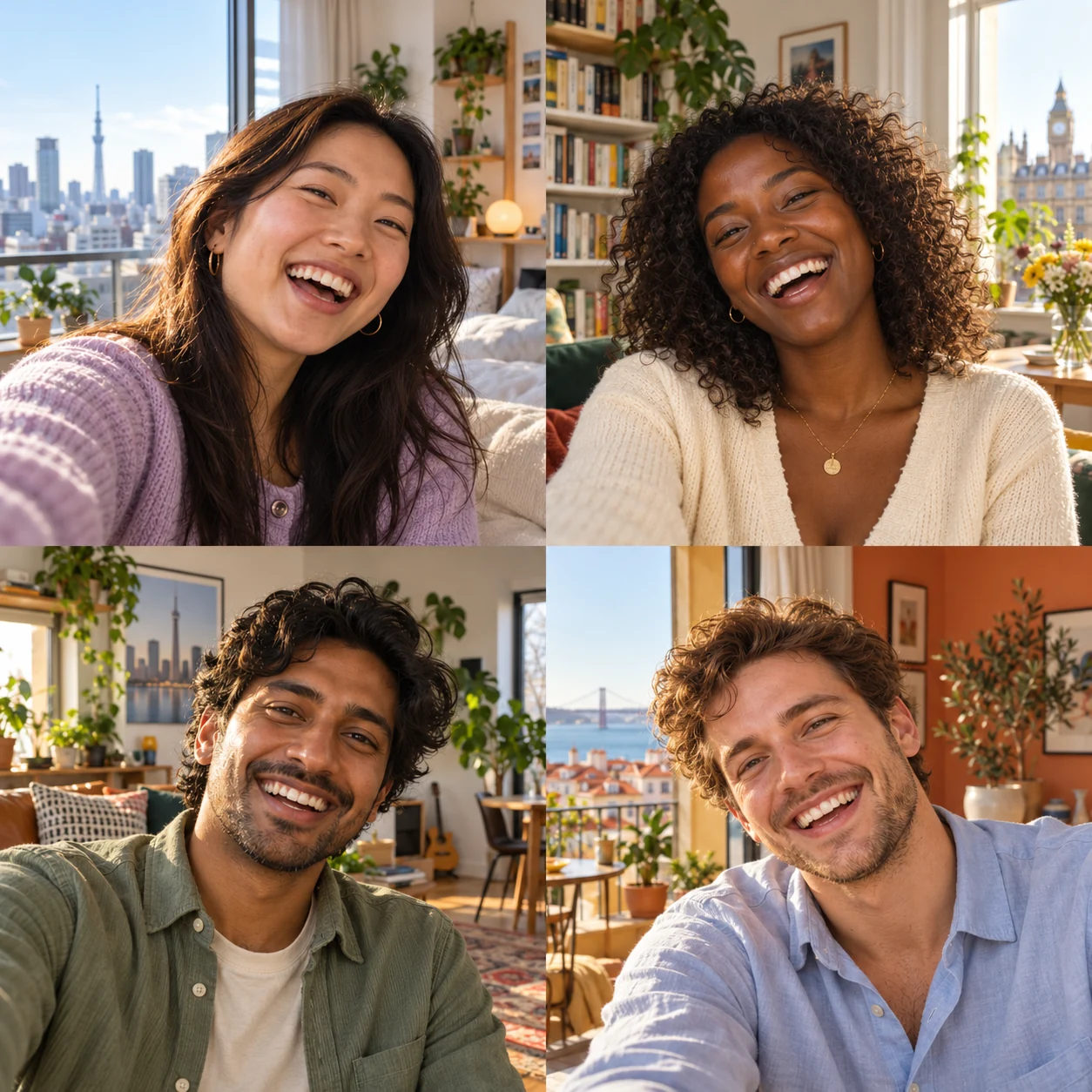 Four friends smiling from their own homes in different cities